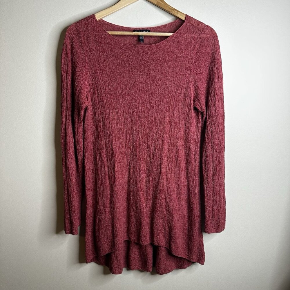 Eileen Fisher Women's Salmon Red 100% Organic Linen Bateau Neck Tunic Blouse SP